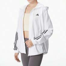 Adidas 女士连帽梭织夹克，运动服，轻便防风外套 IS8042 - 白/黑色 - 查看 1