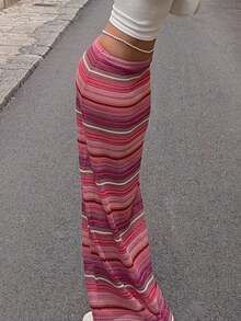 Look Polly Women's Summer Vacation Skirt, Bohemian Style High Waist Knitted Striped Skirt, Suitable For Valentine's Day, Carnival, Holiday Dinner Parties And Other Occasions - Pink - View 4