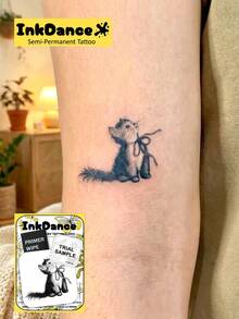 1 Kit "Kitten With A Bow" Revolutionary Technology Tattoos, Semi-Permanent Tattoos, Temporary Tattoos, Men Hand Tattoo, Long Lasting, Fake Tattoos, Water-Resistant, Authentic Tattoo Look, Plant-Based MNF099 - Black - View 1