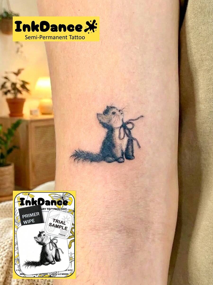1 Kit "Kitten With A Bow" Revolutionary Technology Tattoos, Semi-Permanent Tattoos, Temporary Tattoos, Men Hand Tattoo, Long Lasting, Fake Tattoos, Water-Resistant, Authentic Tattoo Look, Plant-Based MNF099 - Black - View 1