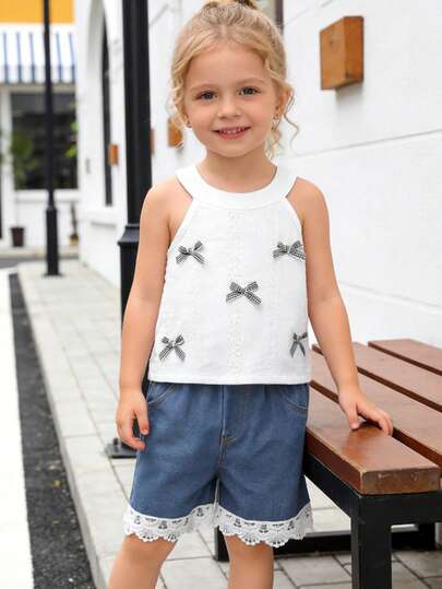 2pcs/Set Girls Casual Fashion Cute Soft Comfortable Versatile Bow Decor Jacquard Knit Camisole Top Paired With Lace Trim Blue Denim Sports Shorts, Girls Outfit Suitable For Summer Daily Wear, Vacation, Outdoor Activities