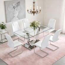 MUUOKY Modern Dining Table Set For 6,  63'' Tempered Glass Dining Table With Silver Base, Dining Table Set For Living Room, Dining Room, Kitchen, Office, Table Set For Halloween Christmas Gift, Water-Resistant & Easy Clean, Ergonomic Design, Furniture, Home Decor, Easy To Assemble - 白色 - 查看 1