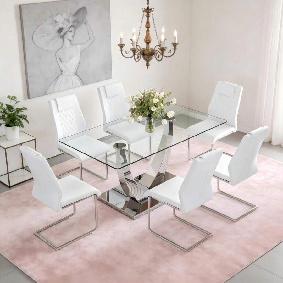 MUUOKY Modern Dining Table Set For 6,  63'' Tempered Glass Dining Table With Silver Base, Dining Table Set For Living Room, Dining Room, Kitchen, Office, Table Set For Halloween Christmas Gift, Water-Resistant & Easy Clean, Ergonomic Design, Furniture, Home Decor, Easy To Assemble - 白色 - 查看 1