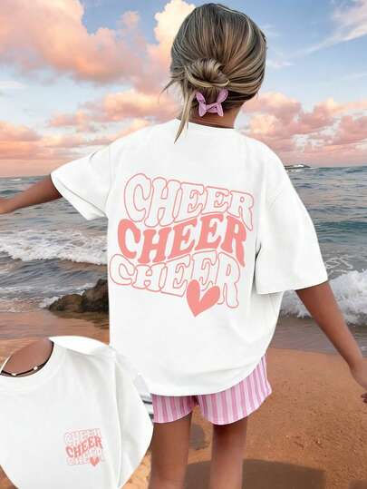 少女休闲趣味印花圆领短袖T恤，夏季上衣