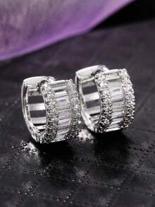 1 Pair Pretty Cubic Zirconia Hoop Earrings For Women For Party Engagement Anniversary Jewelry Valentine's Day Gift - Silver - View 1