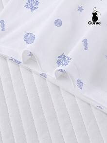 2pcs Set White Base Minimalist Ocean Summer Elements Blue Seahorse Shell Conch Coral Starfish Print Sleepwear Set For Women, Comfortable Short Sleeve Round Neck Pullover Shirt And Elastic Waist Shorts, Stylish For Outdoor, Indoor, All Seasons - 白色 - 查看 10