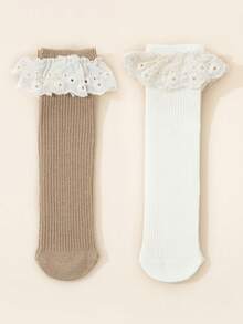 2双女童亚麻蕾丝边过膝袜，优雅甜美舞蹈袜，适合返校季 - 彩色 - 查看 1