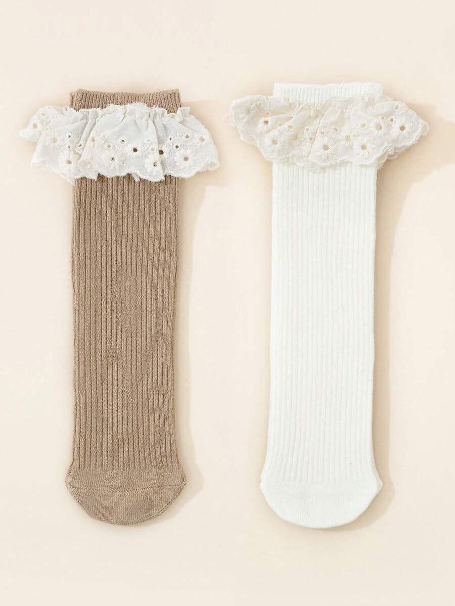 2双女童亚麻蕾丝边过膝袜，优雅甜美舞蹈袜，适合返校季 - 彩色 - 查看 1