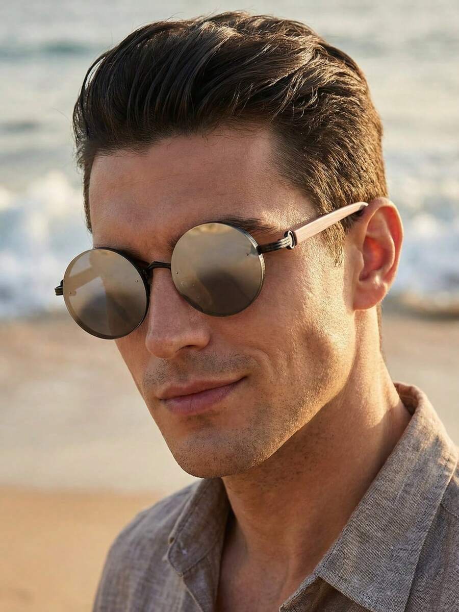 1 Pair Men's Metal Round Faux Wood Grain Temple Fashion Glasses