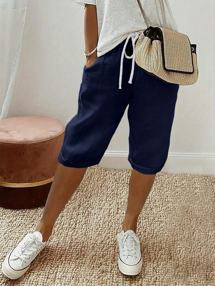 Women's Solid Color Drawstring Waist Pocket Casual Bermuda Shorts Summer - Navy Blue - View 1