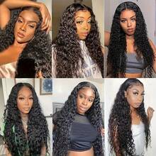 深波浪人发假发 13X4 高清透明蕾丝前额假发 水波纹蕾丝前额假发 卷曲巴西假发 180 密度 36 英寸 女士款 - Natural Black - 查看 7