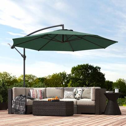 Outsunny 3(M) Garden Banana Parasol Hanging Cantilever Umbrella With Crank Handle, 8 Ribs And Cross Base For Outdoor, Sun Shade, Dark Green