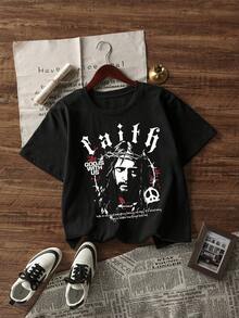 Men's Fashion American Street Dark Style Printed Black Crew Neck Short Sleeve T-Shirt - Black - View 2