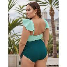 Plus Size Swimsuit For Women Color Block Mint Teal Ruffle Sleeve Swimsuits Tummy Control Bathing Suits UPF 50+ 14W-30W - Multicolor 1452 - View 2