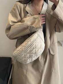 时尚多功能斜挎包，菱形刺绣胸包，休闲运动健身背包，休闲街头钱包，可装手机和零钱 - 米色 - 查看 2