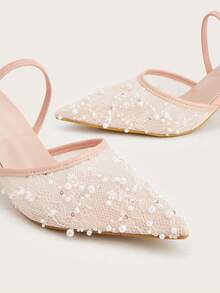Pointed Toe Mesh Lace Pearl Sequin Backstrap Stiletto High Heel Mule Shoes - Pink - View 3