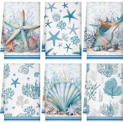 6pcs Blue Starfish & Shell Design Kitchen Towel Set, Soft & Highly Absorbent Dish Cloths, Baking Tea Towels, Washcloth, Hand Towels, Sweet Housewarming Gift For Friends, Kitchen Accessories, Decor, Daily Necessities