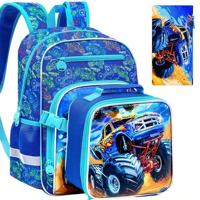 Bookbag For Kids Boys, 3PCS Backpack Set With Clip-On Lunch Box, Truck School Bag For Elementary Preschool Toddler, CLIP & GO!