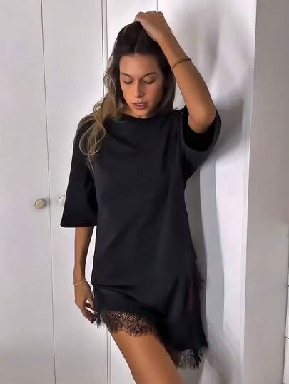 Casual Lace Splicing Long T-Shirts For Women O-Neck Short Sleeves Irregular Hem Tops Versatile Lady Loose Pullover