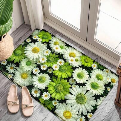 1 pièce Paillasson imprimé floral de la série printemps/été, avec des motifs de marguerites vibrantes, d'orchidées violettes, de petites fleurs et de mousse sur une base en TPR imitation laine. Convient pour l'entrée, la salle de bain, la cuisine, la buanderie, les fêtes, la maison, les mariages et la décoration de salle à manger.