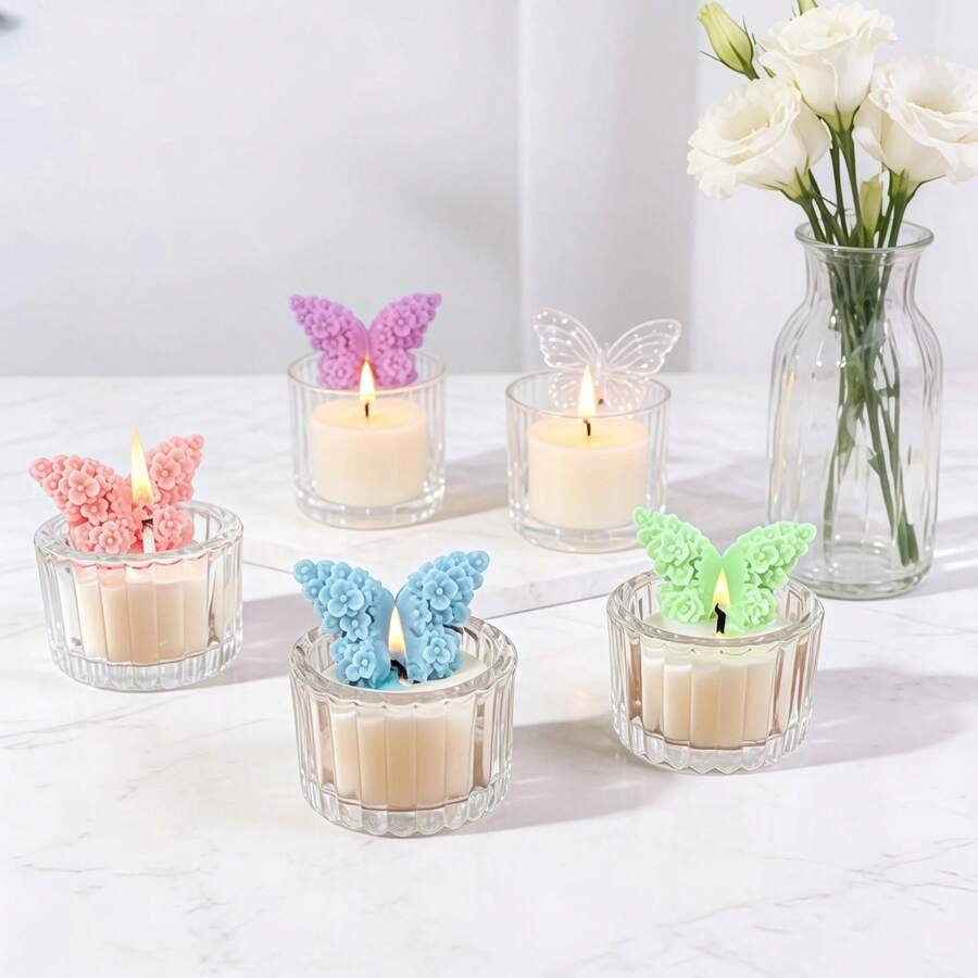 1pc Butterfly Scented Candle - 3 Colors, Natural Soy Wax, Transparent Pillar Glass Jar (No Candle Holder), Smokeless & Odorless Long-Lasting Fragrance, Suitable For Wedding Season, Easter, Home Decor, Tabletop, Birthday Gift, Wedding Favor, Party, Photography Props And Romantic Ambiance - A - View 1