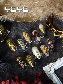 10pcs Fake Nails Press On Almond French Tip,White Fingertip,Nude,Natural Looking,Gold Bean, 3D Three-Dimensional Decoration Flower,Element,Angel,Vanity Full Coverage Fake Nails Press On Handmade,Nail Supplies Art Suitable For Women And Girls, Suitable For Party, Wedding, Daily Wear, Includes Tool Kit, Great Gift For Women & Girls Nail Supplies Nails Handmade Press On Nails - Gold - View 3