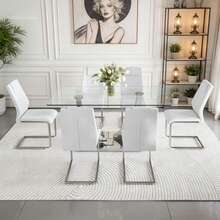 MUUOKY Modern Dining Table Set For 6,  63'' Tempered Glass Dining Table With Silver Base, Dining Table Set For Living Room, Dining Room, Kitchen, Office, Table Set For Halloween Christmas Gift, Water-Resistant & Easy Clean, Ergonomic Design, Furniture, Home Decor, Easy To Assemble - 白色 - 查看 3