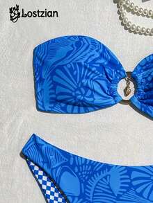 2026 性感优雅女士比基尼泳衣/时尚蓝色无肩带（无胸垫）泳装/聚酯纤维面料，海洋贝壳印花图案，格子印花衬里/胸前海螺吊坠泳衣/高衩泳裤/海滩度假/泳池派对/情人节/狂欢节/性感休闲装 - 彩色 - 查看 4