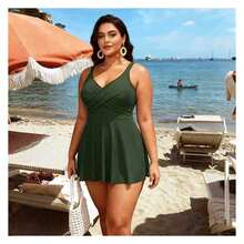 Women's Swim Dress Olive Green - Tummy Control Flared Swimsuit With Built-In Shorts; Modest Bathing Suits For Women; Flattering Swimwear For Beach, Pool, Vacation - Multicolor 769 - View 1