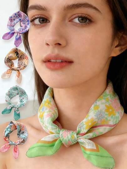 1 pieza Nuevo pañuelo cuadrado pequeño con estampado floral, pañuelo versátil y elegante de estilo coreano para el cuello o la cabeza, bufanda de moda para mujer, primavera/verano/otoño