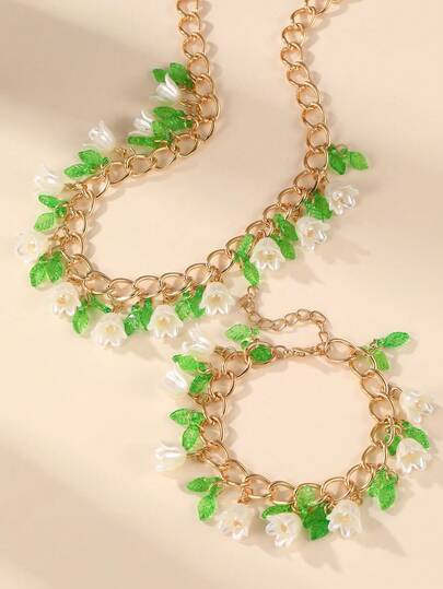 2pcs/Set Fashionable Bohemian Sweet Lily Of The Valley Leaf Necklace And Bracelet Jewelry Set, Suitable For Girls Daily And Holiday Accessories