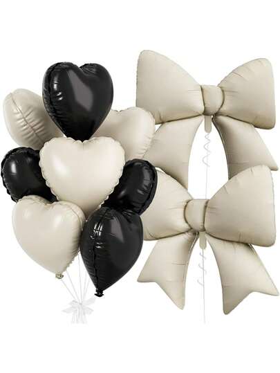 10pcs 18-Inch Heart Shaped Balloons And 38-Inch Satin Ribbon Foil Balloons, Suitable For Girl Boy Birthday Baby Shower Bridal Shower Wedding Engagement Party Decor, Black Cream Heart Balloons, White Bow Balloons