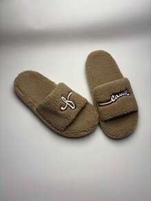 Pantuflas de Peluche con Punta Abierta para Mujer, Nuevas para Otoño e Invierno, Cálidas para Interiores, Suela Suave y Antideslizante, Silenciosas, Ideales para el Hogar, Zapatos para Mujer - Beis - Ver 4