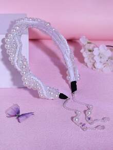 1件优雅珍珠水晶流苏发箍，简约串珠头饰，配有可拆卸流苏，适合新娘、婚礼、庆典、派对、日常休闲佩戴 - 白色 - 查看 8