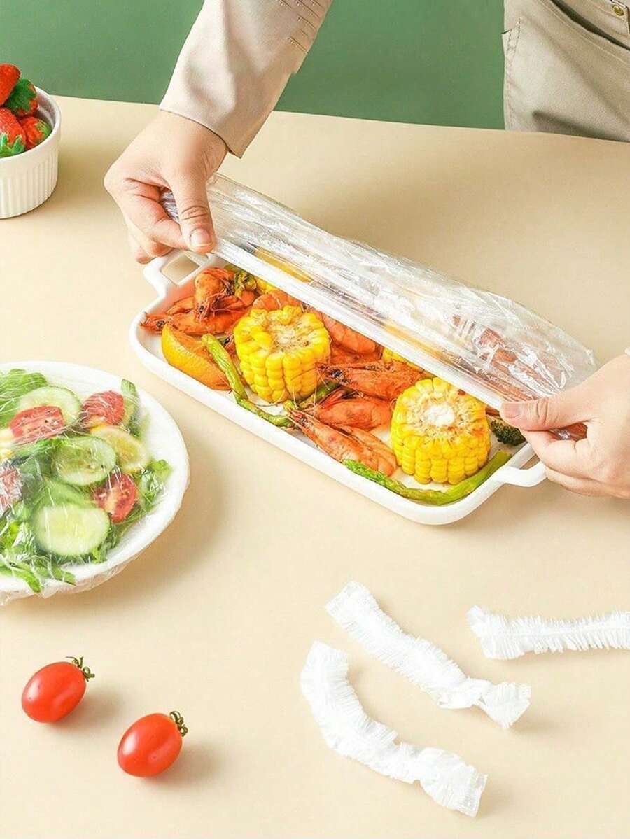 100/200pcs Thick Stretch Wrap Film, One-Pull Fit, Multi-Bowl Applicable, Dust-Proof & Freshness Keeping, Microwave & Refrigerator , Catering, Camping, Dorm, Pet Bowl Use, Multi-Size Bowl & Plate Compatible
