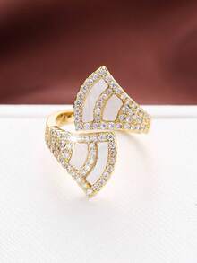 1枚奢华交叉珍珠母贝镶嵌钻石女士开口戒指，适合日常、通勤、约会、派对等场合佩戴 - 開口戒指 - 查看 2