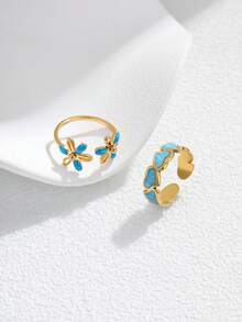 2 piezas Conjunto de anillos de mujer con flor de esmalte azul minimalista de acero inoxidable, adecuado para uso diario o como regalo - Amarillo Oro - Ver 4