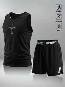 Conjunto deportivo de verano para hombres, chaleco casual ligero, pantalones cortos deportivos de secado rápido y de moda para exteriores - Negro - Ver 2