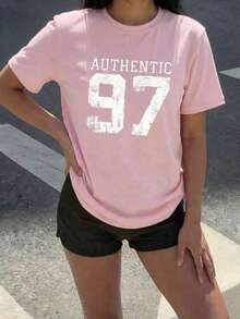 Women's Retro Casual Pink 97 Graphic Print Round Neck Short Sleeve T-Shirt - Pink - View 3