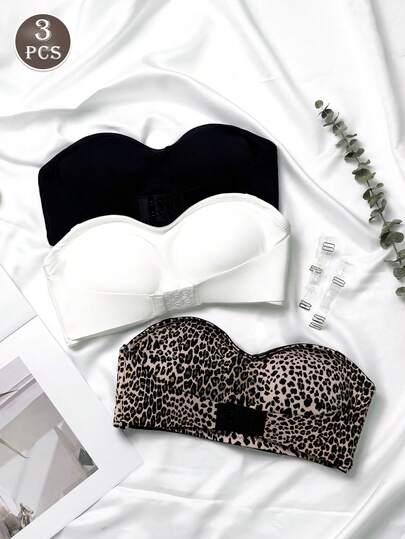 3pcs/Set Strapless Bras For Women, Including Transparent Straps, Solid Color Bras, Bandeau Tops, Suitable For Dates, Smooth Seamless Front Closure Wireless Bras, Suitable For Vacation, Bandeau, Daily Wear, Wedding Dresses, Formal Underwear