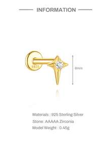 EleRunis 1PC 925 Sterling Silver Star Moon Flat Back Cartilage Helix Piercing Fine Jewelry For Daily Wear Wedding Party Engagement Anniversary Valentine's Day - Gold - View 9