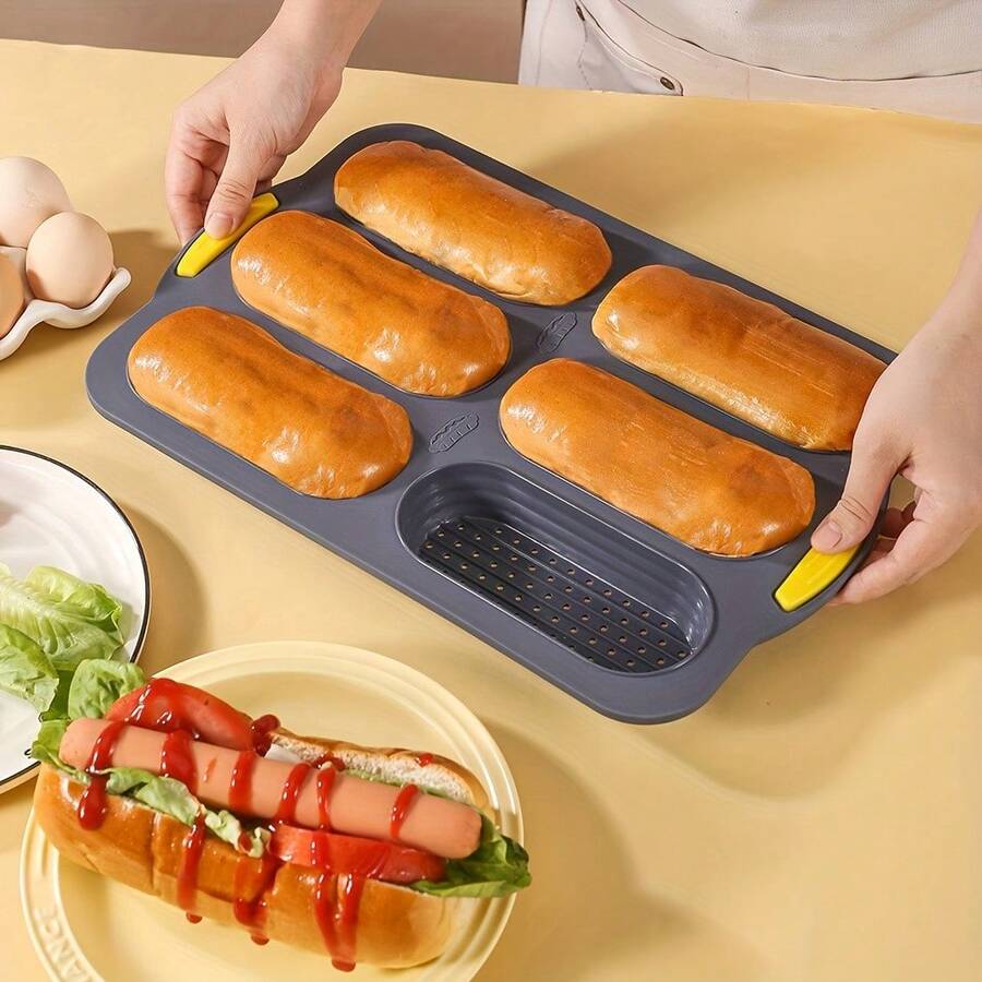 1/2 piezas Set Mini Molde de Perro Caliente, Bandeja de Hornear Antiadherente de Silicona, Maker de Sándwich de Desayuno, Molde de Pan Baguette Francés de 6 Cavidades, Herramienta de Hornear de Cocina - Gris - Ver 1