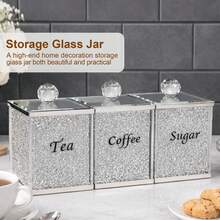 Tea Coffee Sugar Canisters Set, Glass Crushed Diamond Crystal Filled Storage Jars With Lids, Reusable Tea Coffee Sugar Containers For Kitchen Countertop, Home Decor & Gift - 銀色 - 查看 4