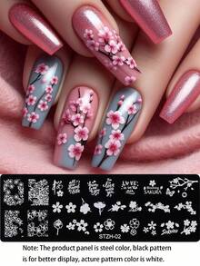 1pc Sakura Flower Nail Stamping Plate Cherry Blossoms Plum Blossoms Spring Flower Butterfly Image Steel Plate Y2K Nail Template DIY Printing Stencil Manicure Accessory Tool - Silver - View 5