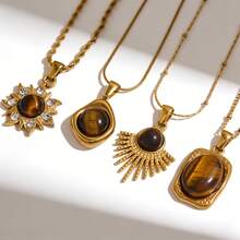 波西米亚风旭日虎眼石项链 | 不锈钢镀金简约日常佩戴首饰，低过敏性，女士个性饰品 - 金色 - 查看 6