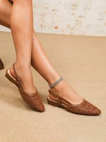Vintage Brown Woven Criss-Cross Strap Flats - Pointed Toe Low Heel Summer Sandals - Brown - View 2