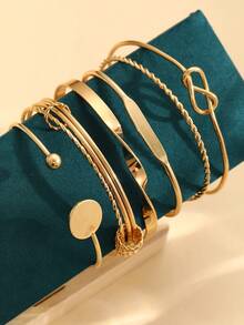 1 Set 12pcs Fashion Minimalist Elegant Exquisite Vintage Design Multi-Layer Stackable Old Money Style Geometric Ribbon Heart Face Embossed Texture Twisted Bead Cross Braided Disc Smooth Minimalist Plain Metal Bangle Bracelet Set For Holiday Vacation Party Date Gift Daily Commute Wear (Randomly Shipped) - Yellow Gold - View 5