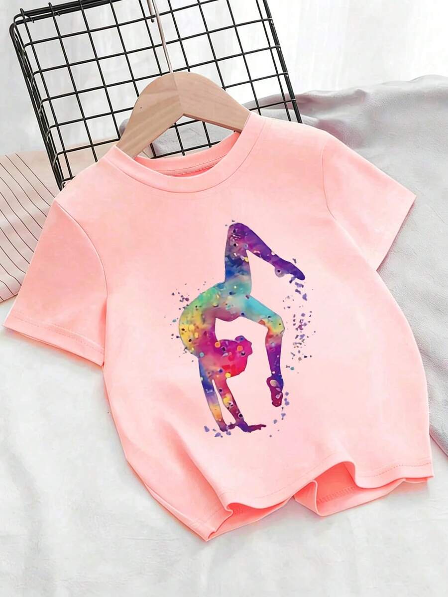 Casual Minimalist Funny Yoga & Dance Print Pullover Sweater, Round Neck Short Sleeve, New Spring/Summer Collection - Pink - View 1