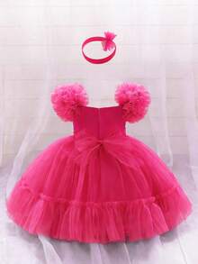 1 pieza Vestido de fiesta de cumpleaños número 1 para niñas bebé con volantes de tul y moño, adecuado para niña de las flores en bodas y celebraciones, incluye diadema - Rosa Fucsia - Ver 2
