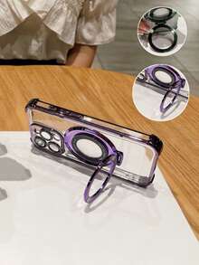 极简透明防震支架电镀手机壳，带镜头保护膜，兼容苹果17 Pro Max/16/15/14/13/12/11、16 Pro Max、13，CD图案支架，男女通用 - 紫色 - 查看 3